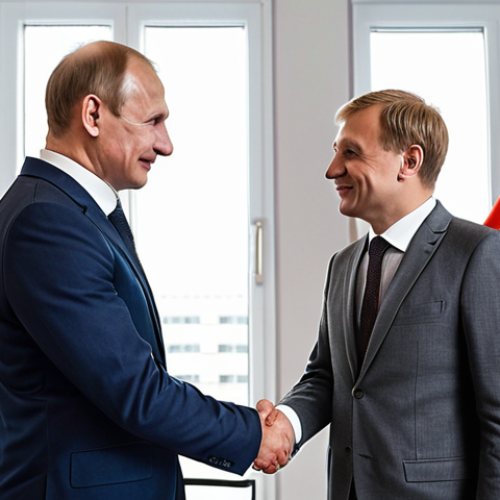 Home 11 ** A handshake between a Russian businessman and a German businessman in a modern office setting. In the background, subtly display the flags of Russia and Germany. The atmosphere should convey trust and a promising partnership.
**