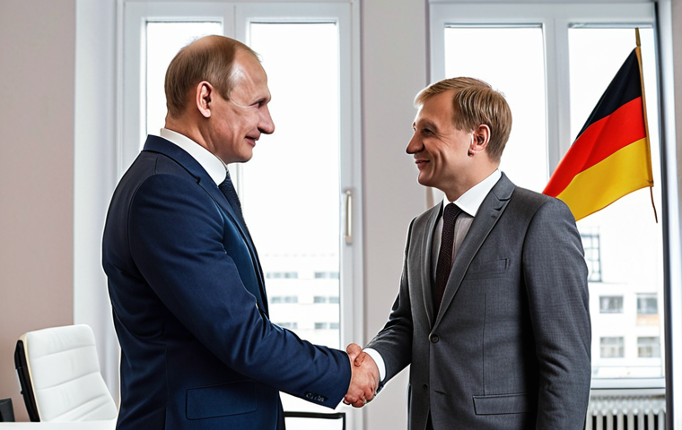 ** A handshake between a Russian businessman and a German businessman in a modern office setting. In the background, subtly display the flags of Russia and Germany. The atmosphere should convey trust and a promising partnership.
**