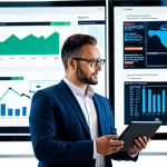 A professional businessman in a modest business suit, fully clothed, standing confidently in a modern, brightly lit office. He is interacting with multiple large digital screens displaying dashboards with logistics data, digital documents, and integrated enterprise software interfaces. The office is clean and organized, with a clear focus on efficiency and digital workflow, symbolizing the speed and convenience of digital transformation in international trade. Perfect anatomy, correct proportions, natural pose, well-formed hands, proper finger count, natural body proportions, professional photography, high quality, safe for work, appropriate content, family-friendly.
