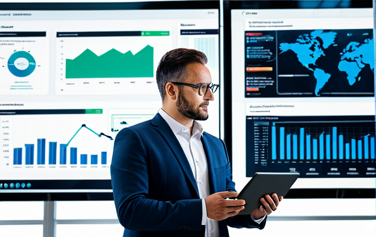 A professional businessman in a modest business suit, fully clothed, standing confidently in a modern, brightly lit office. He is interacting with multiple large digital screens displaying dashboards with logistics data, digital documents, and integrated enterprise software interfaces. The office is clean and organized, with a clear focus on efficiency and digital workflow, symbolizing the speed and convenience of digital transformation in international trade. Perfect anatomy, correct proportions, natural pose, well-formed hands, proper finger count, natural body proportions, professional photography, high quality, safe for work, appropriate content, family-friendly.