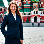**

A professional businesswoman in Moscow, fully clothed in a stylish, modern business suit (skirt and jacket), standing confidently in front of St. Basil's Cathedral in Red Square. The background is slightly blurred, focusing attention on the subject.  She has a warm, approachable smile. Appropriate attire, safe for work, family-friendly, professional photography, perfect anatomy, correct proportions, natural pose, well-formed hands, proper finger count, natural body proportions.

**