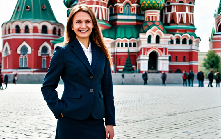 **
A professional businesswoman in Moscow, fully clothed in a stylish, modern business suit (skirt and jacket), standing confidently in front of St. Basil's Cathedral in Red Square. The background is slightly blurred, focusing attention on the subject. She has a warm, approachable smile. Appropriate attire, safe for work, family-friendly, professional photography, perfect anatomy, correct proportions, natural pose, well-formed hands, proper finger count, natural body proportions.
**