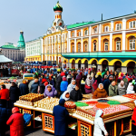 **

A bustling Moscow marketplace scene, featuring vendors in traditional Russian clothing selling handcrafted goods like Matryoshka dolls and painted wooden spoons. The scene is filled with vibrant colors and a lively atmosphere, depicting a typical day at the market. Include "safe for work", "appropriate content", "fully clothed", "professional", "modest", "perfect anatomy", "natural proportions".

**