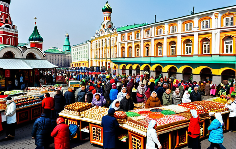 **
A bustling Moscow marketplace scene, featuring vendors in traditional Russian clothing selling handcrafted goods like Matryoshka dolls and painted wooden spoons. The scene is filled with vibrant colors and a lively atmosphere, depicting a typical day at the market. Include "safe for work", "appropriate content", "fully clothed", "professional", "modest", "perfect anatomy", "natural proportions".
**