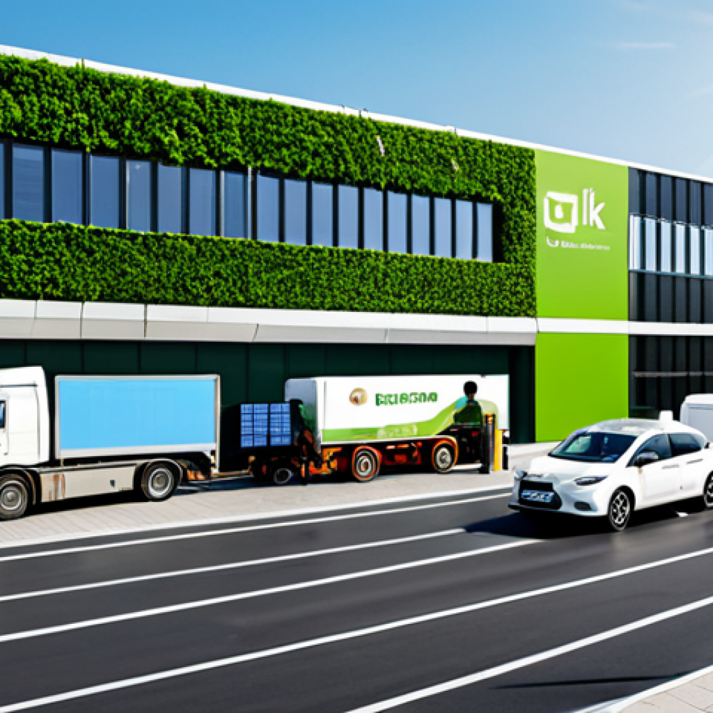 무역업계의 지속 가능한 발전 - Green Logistics Hub**

"A modern, eco-friendly logistics center with solar panels on the roof and ve...