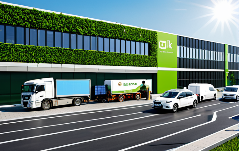 무역업계의 지속 가능한 발전 - Green Logistics Hub**

"A modern, eco-friendly logistics center with solar panels on the roof and ve...