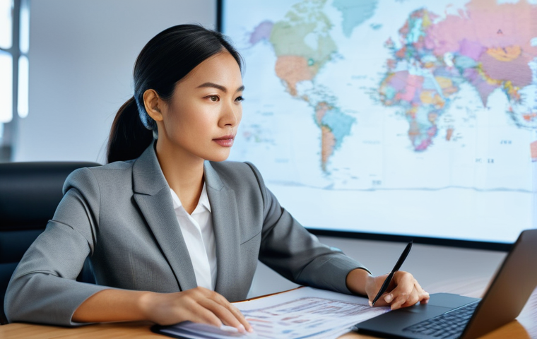 국제무역사 자격증 취득 후기 - **Prompt:** A dynamic, wide-angle shot of a modern, multi-ethnic team of international trade special...