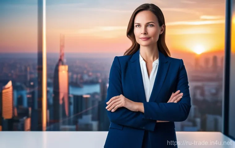 무역 실무 입문자를 위한 자료 - A determined and sophisticated female CEO, in her late 30s, stands confidently in a high-tech office...