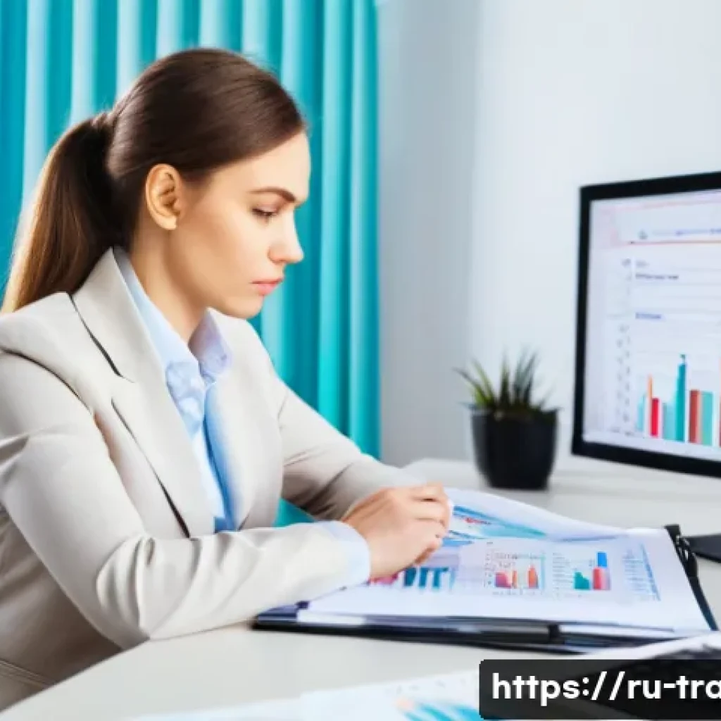 무역 실무를 위한 재무 분석 - **Prompt:** A brightly lit, modern office interior in Moscow. A young, professional woman in her lat...