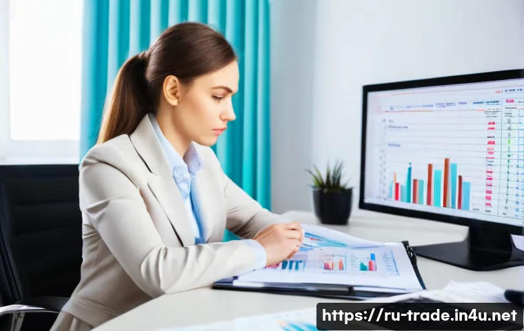 무역 실무를 위한 재무 분석 - **Prompt:** A brightly lit, modern office interior in Moscow. A young, professional woman in her lat...