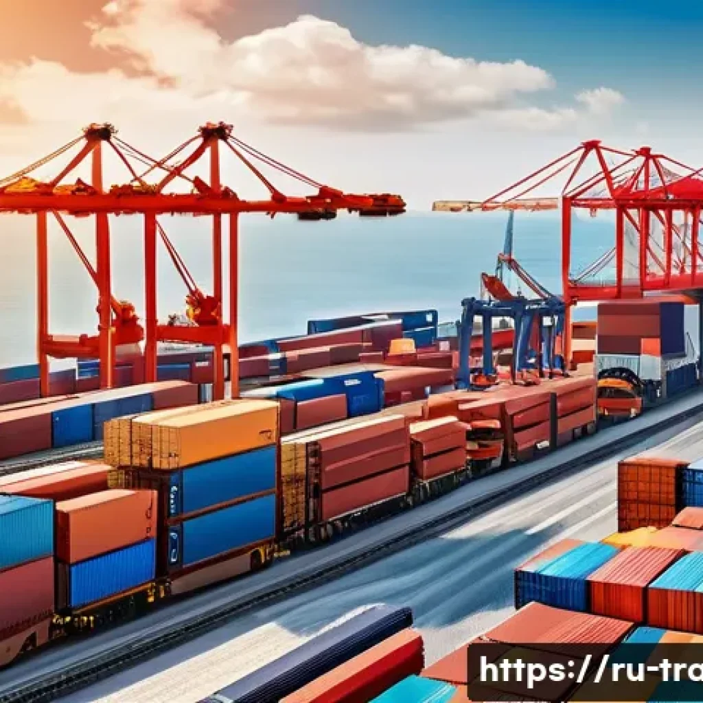 수출입 물류 관리 팁 - A detailed digital illustration of an international logistics hub showing multimodal transportation:...