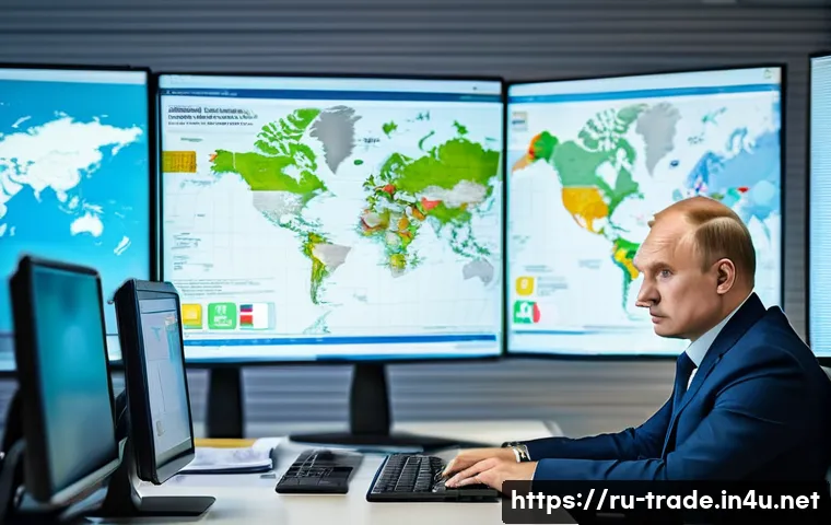 무역업계 자격증 전망 - A professional Russian customs officer in a modern office environment, surrounded by international s...