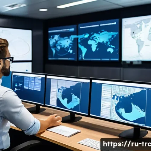무역 실무를 위한 유용한 앱 - A modern logistics control room featuring a diverse team of professionals monitoring multiple large ...