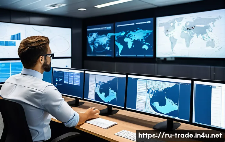 무역 실무를 위한 유용한 앱 - A modern logistics control room featuring a diverse team of professionals monitoring multiple large ...