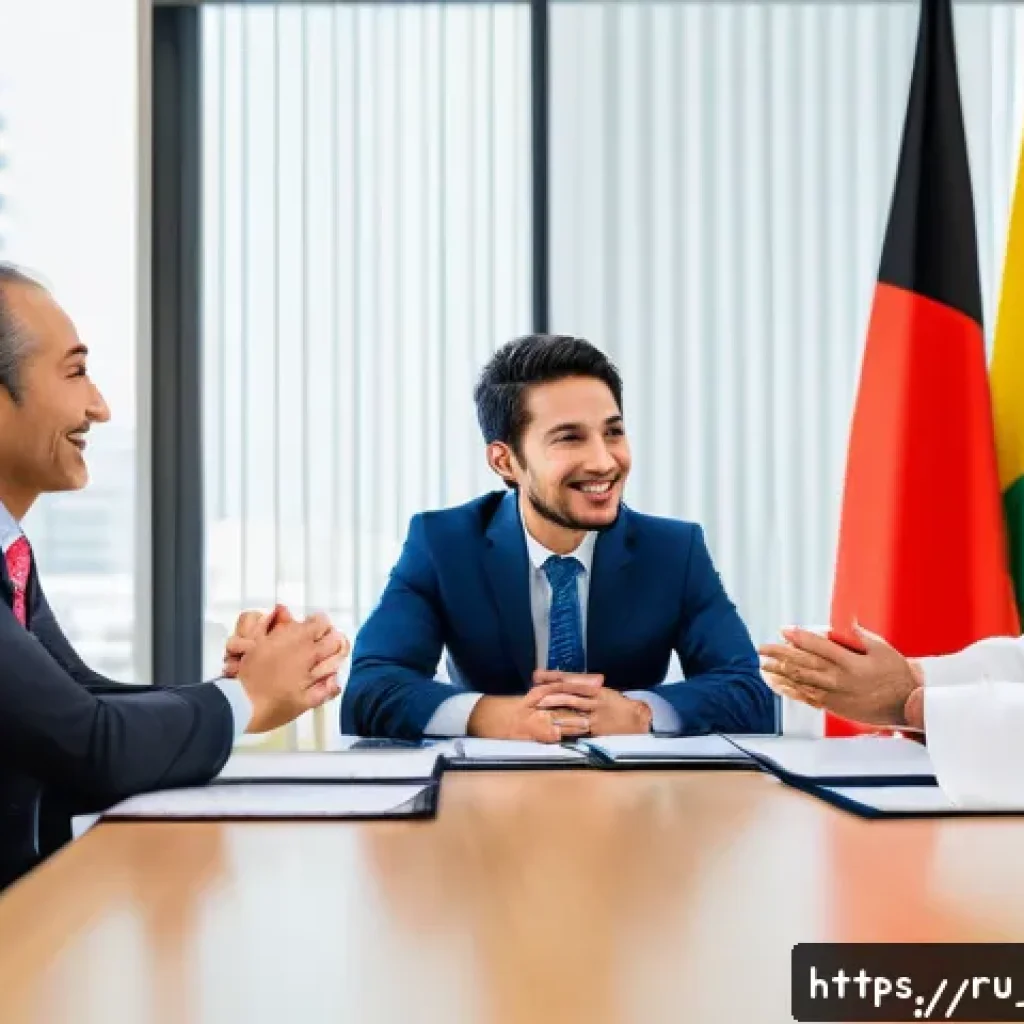 무역 실무에서의 문화 차이 극복 - A professional international business meeting scene showing diverse participants from Japan, the USA...