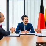 무역 실무에서의 문화 차이 극복 - A professional international business meeting scene showing diverse participants from Japan, the USA...