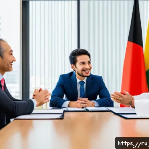 무역 실무에서의 문화 차이 극복 - A professional international business meeting scene showing diverse participants from Japan, the USA...