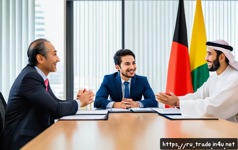 무역 실무에서의 문화 차이 극복 - A professional international business meeting scene showing diverse participants from Japan, the USA...