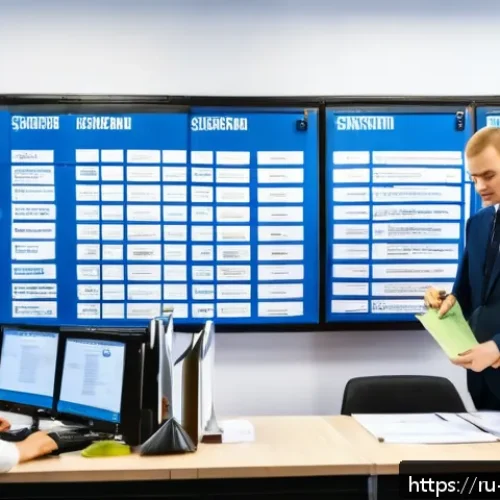 수출입 프로세스별 체크리스트 - A detailed scene inside a modern customs office in Russia, showing a professional entrepreneur caref...