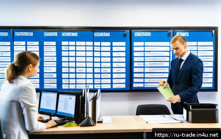 수출입 프로세스별 체크리스트 - A detailed scene inside a modern customs office in Russia, showing a professional entrepreneur caref...