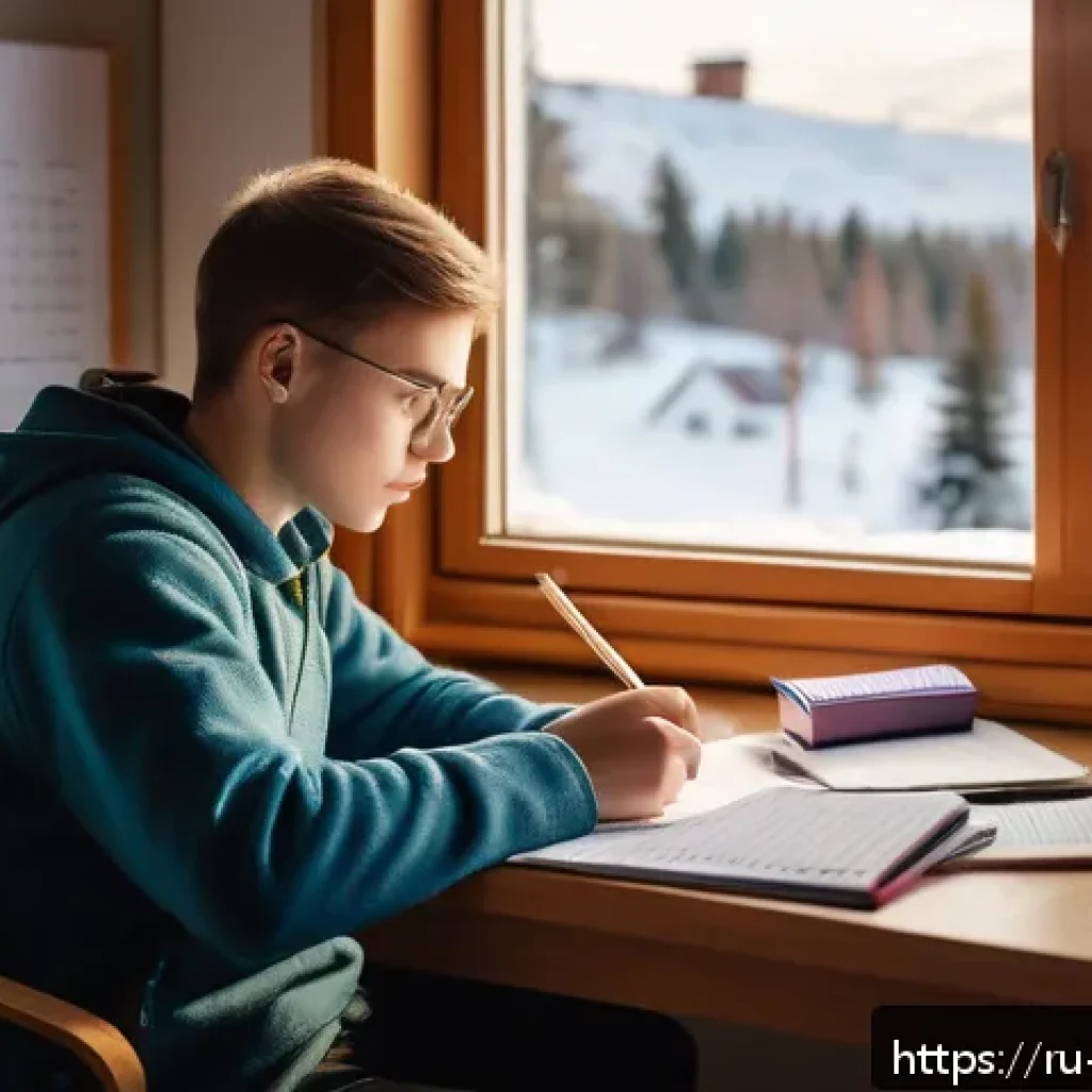 국제무역사 합격생 스터디 사례 - A focused young Russian student sitting at a wooden desk in a cozy, well-lit room with a large windo...