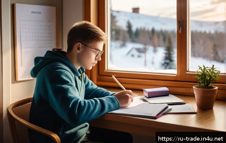 국제무역사 합격생 스터디 사례 - A focused young Russian student sitting at a wooden desk in a cozy, well-lit room with a large windo...