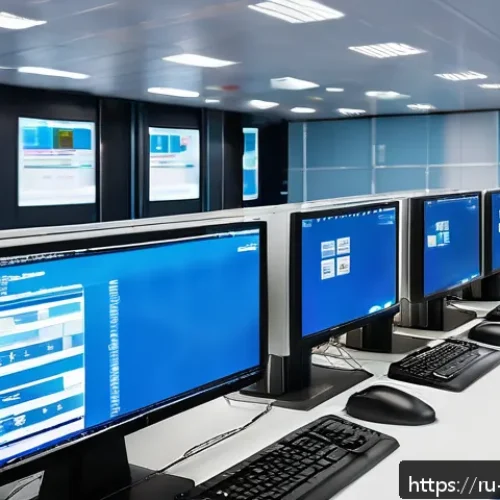 무역 실무자가 알아야 할 최신 법규 - A modern customs control office in Russia, featuring automated scanning machines and digital monitor...