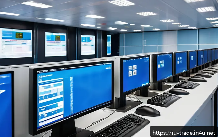 무역 실무자가 알아야 할 최신 법규 - A modern customs control office in Russia, featuring automated scanning machines and digital monitor...