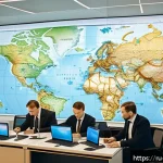 국제무역사 시험에 나오는 주요 법규 - A modern office setting featuring a diverse group of Russian business professionals analyzing intern...