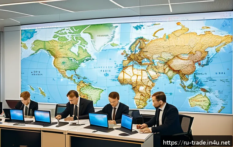 국제무역사 시험에 나오는 주요 법규 - A modern office setting featuring a diverse group of Russian business professionals analyzing intern...