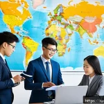 무역 실무 입문자를 위한 강좌 - A detailed business office scene featuring a diverse group of young professionals engaged in interna...