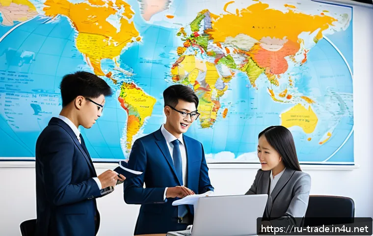 무역 실무 입문자를 위한 강좌 - A detailed business office scene featuring a diverse group of young professionals engaged in interna...