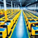 국제무역사의 미래 전망 - A modern international logistics warehouse featuring advanced robotic loaders and automated sorting ...