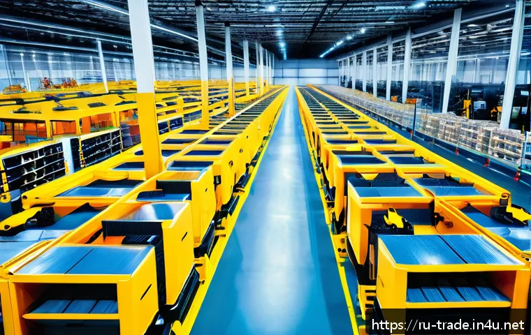 국제무역사의 미래 전망 - A modern international logistics warehouse featuring advanced robotic loaders and automated sorting ...