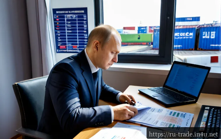 Home 17 수출입 업무의 기본 - Photorealistic import-export office scene in Moscow, an experienced Russian logistics manager review...